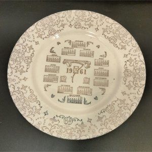 1961 Calendar Plate Cream Gold Metallic Floral Pattern Vintage 10 in